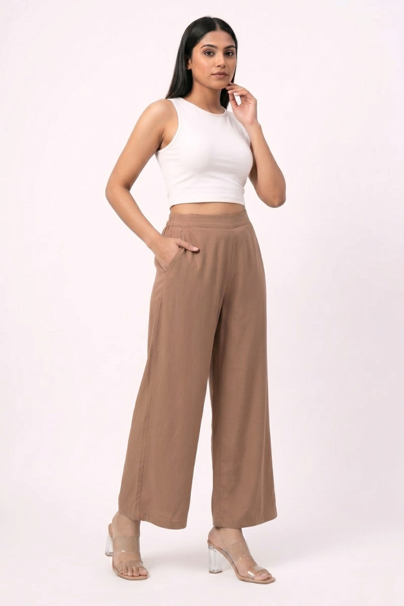 Earthy Brown Wide Leg Viscose Pant