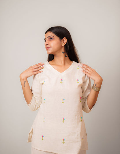 Flex Flower Embroidered Handwork V Neck Tunic Top