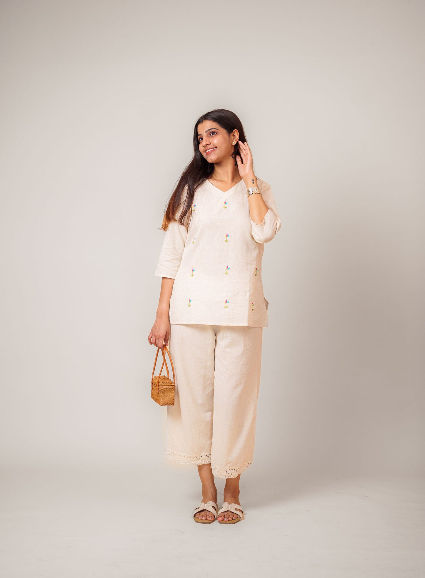 Flex Flower Embroidered Handwork V Neck Tunic Top