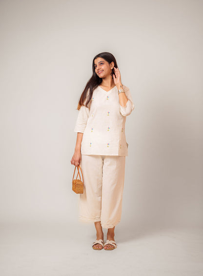 Flex Flower Embroidered Handwork V Neck Tunic Top