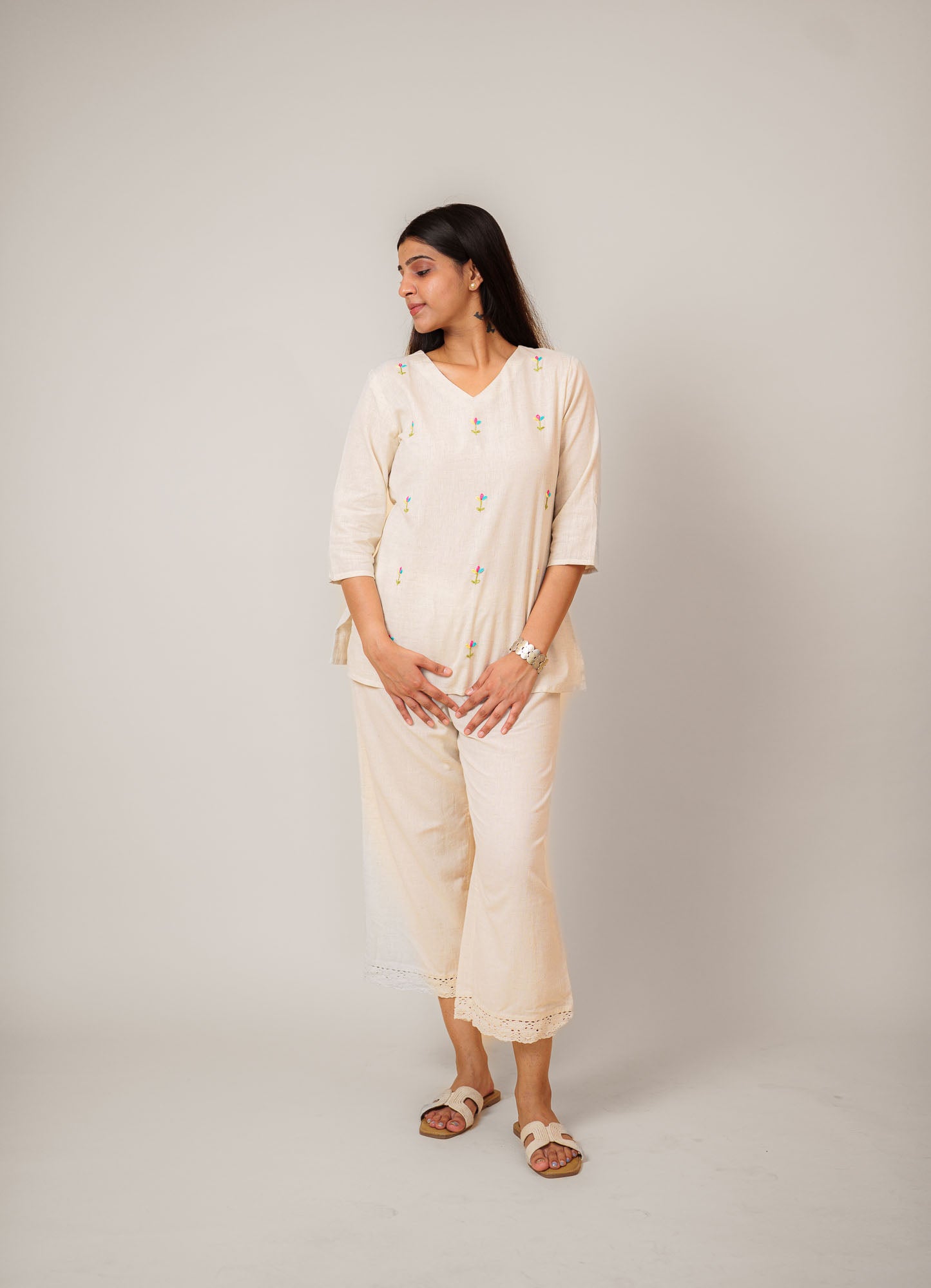 Flex Flower Embroidered Handwork V Neck Tunic Top
