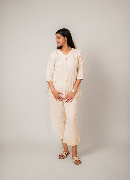 Flex Flower Embroidered Handwork V Neck Tunic Top