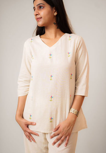 Flex Flower Embroidered Handwork V Neck Tunic Top