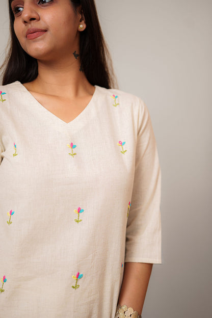 Flex Flower Embroidered Handwork V Neck Tunic Top