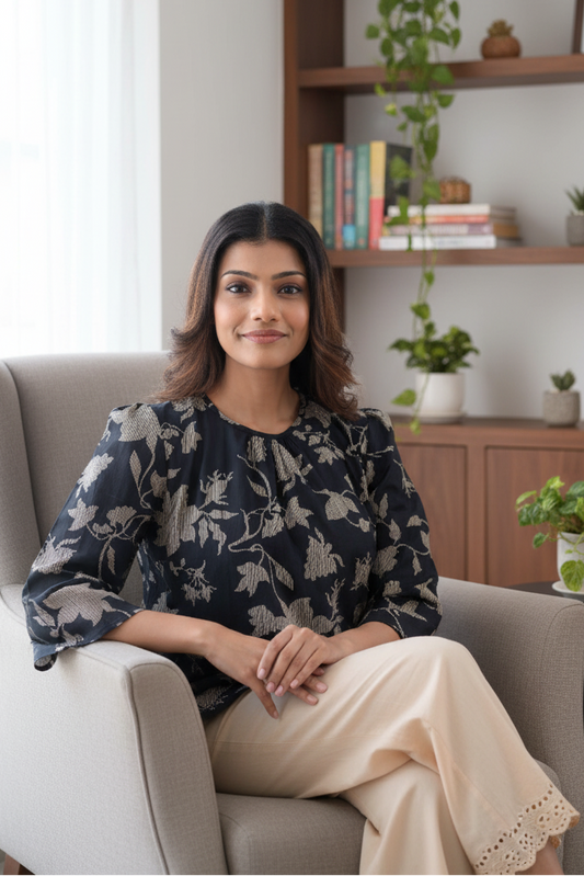 Black Floral Printed Cotton Top