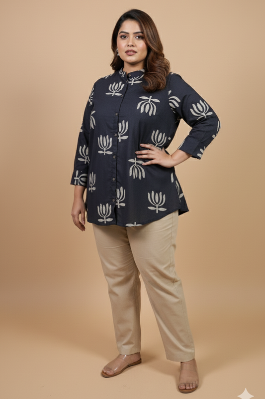 Black Lotus Printed Cotton Shirt