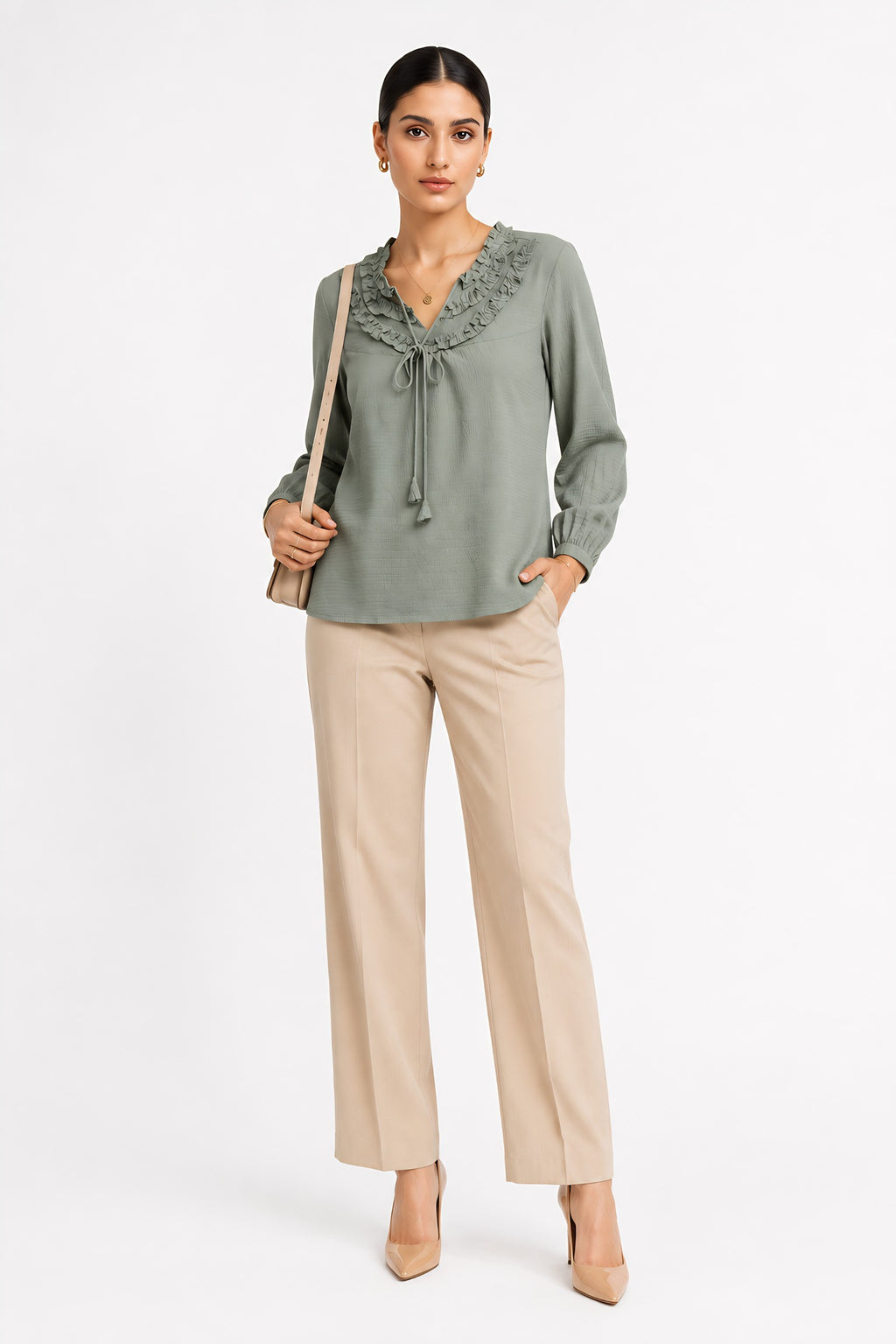 fabric detail of Green Frill Trimmed Shirt with full sleeve featuring sleeve cuffs, women's tunic