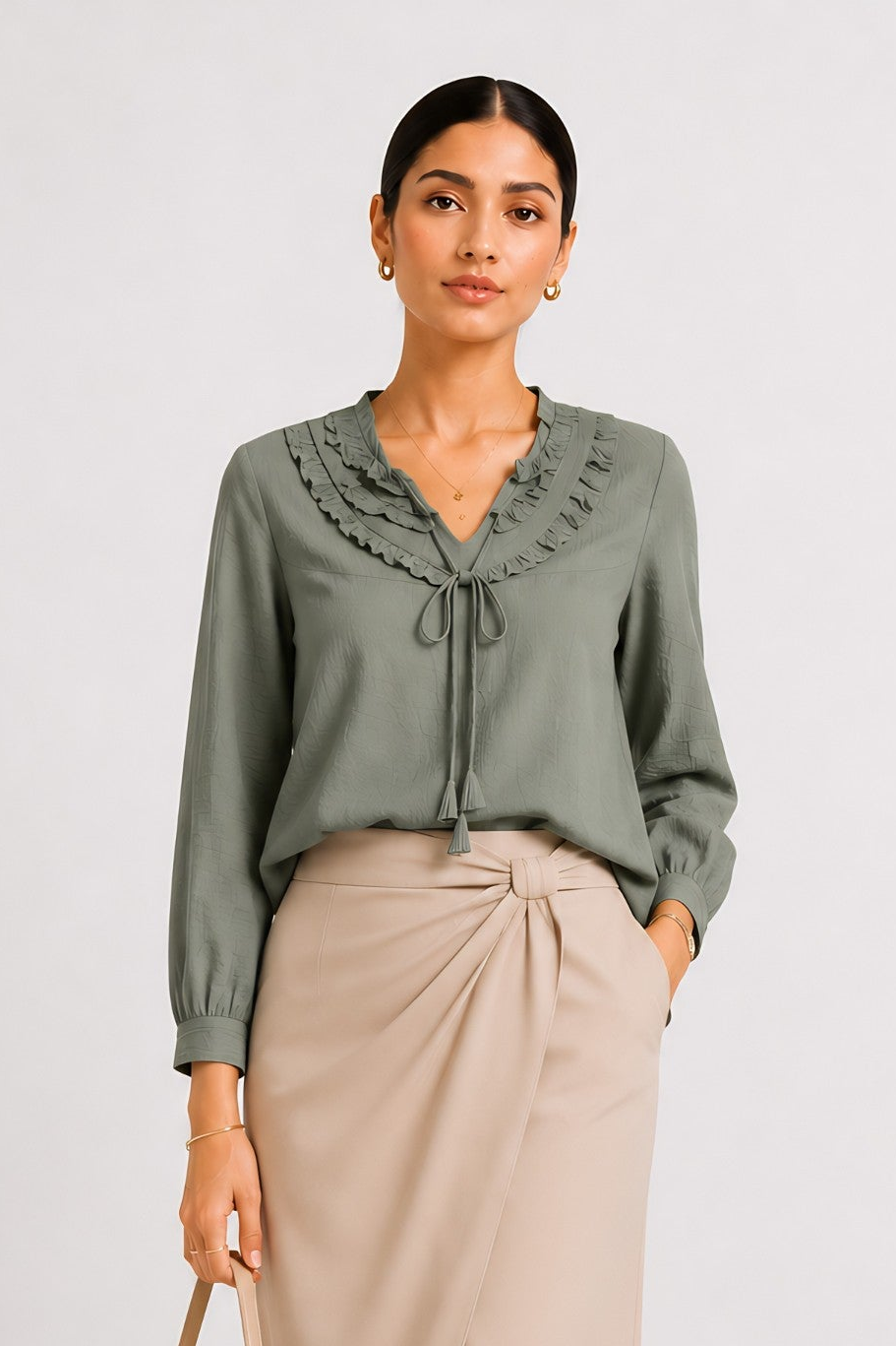 Green Frill Trimmed Shirt women's tunic in bubble-crepe with round neck