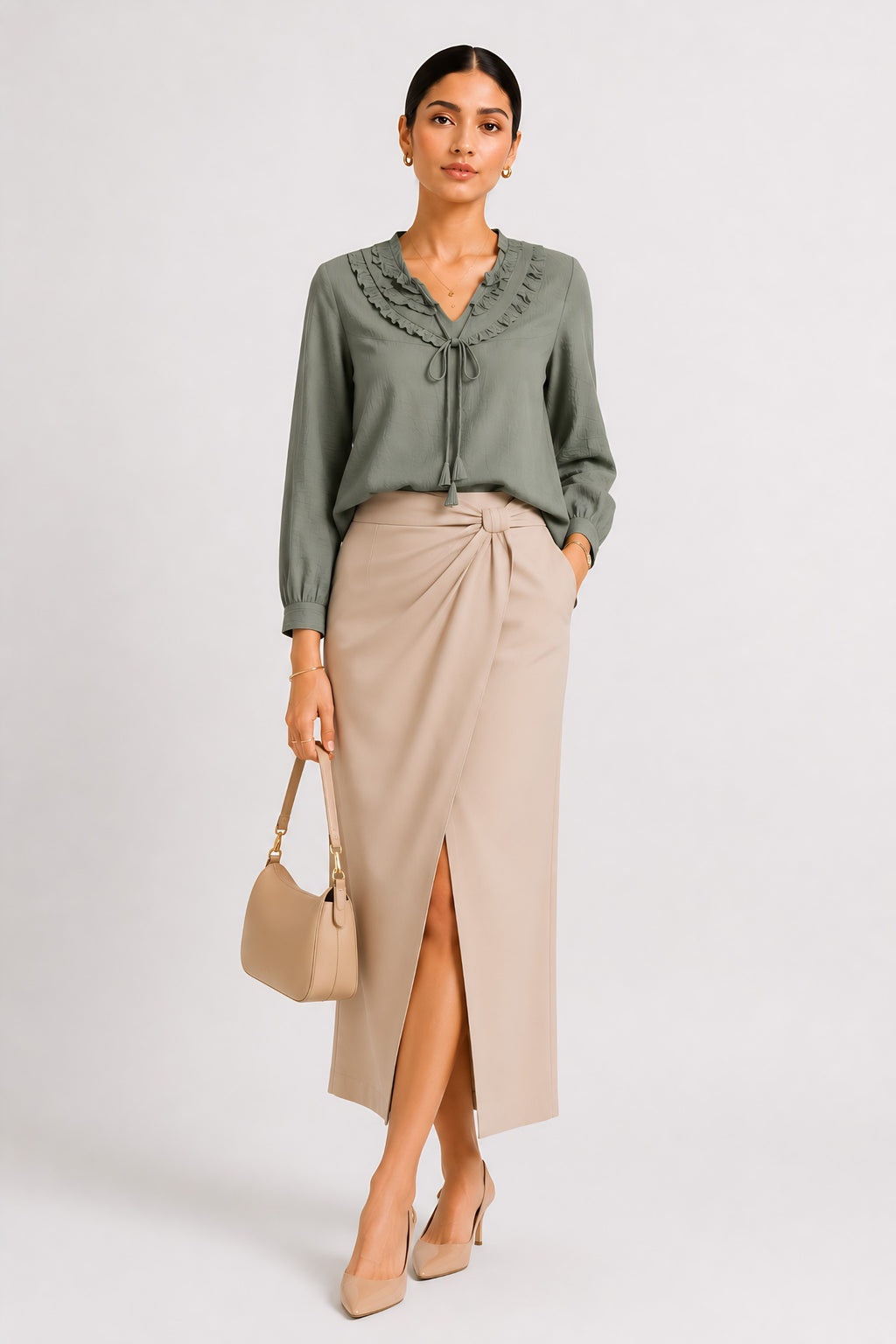 neckline detail of Green Frill Trimmed Shirt for everyday wear, women's tunic