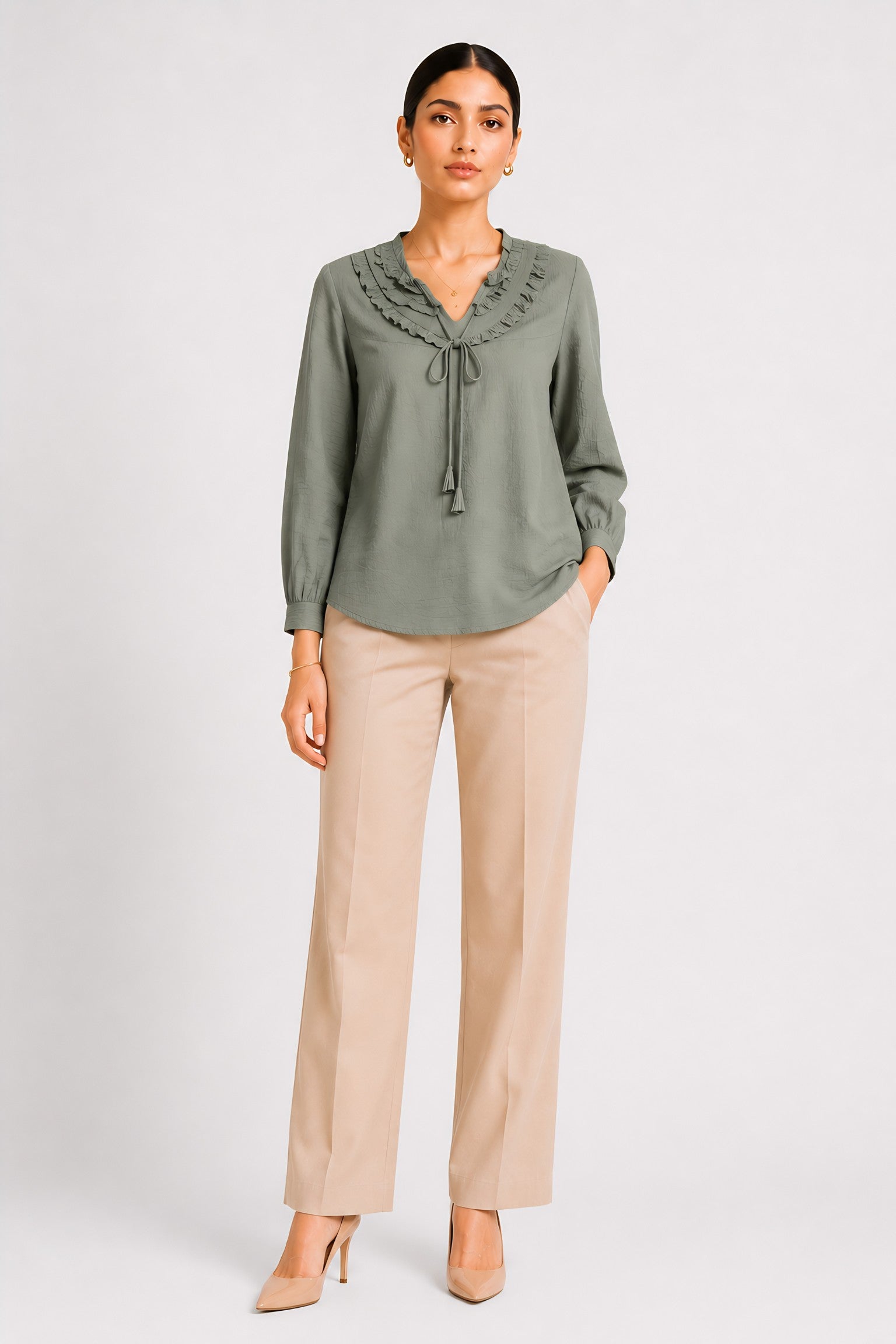 sleeve detail of Green Frill Trimmed Shirt in bubble-crepe with round neck, women's tunic