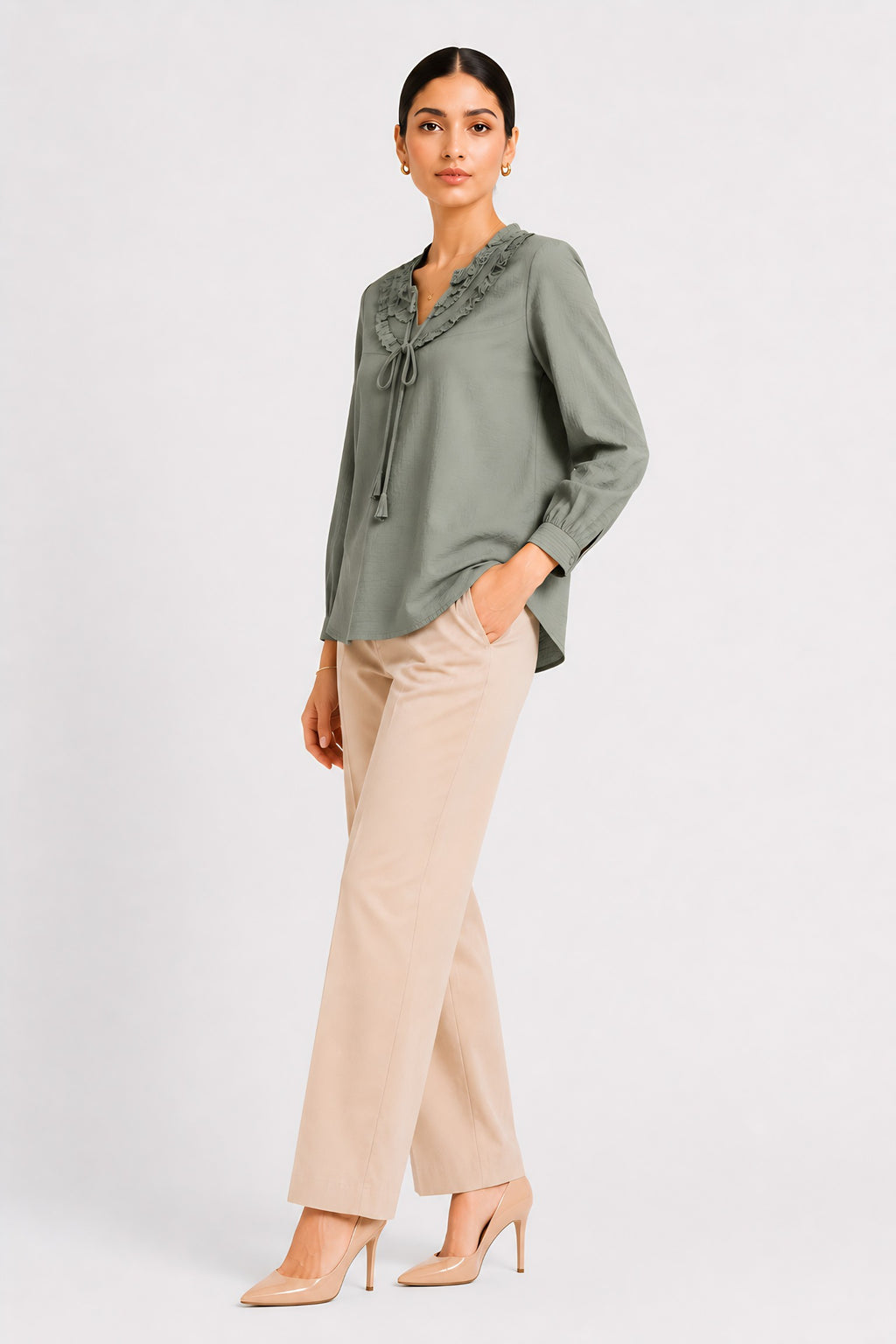 full-length view of Green Frill Trimmed Shirt with full sleeve featuring sleeve cuffs, women's tunic