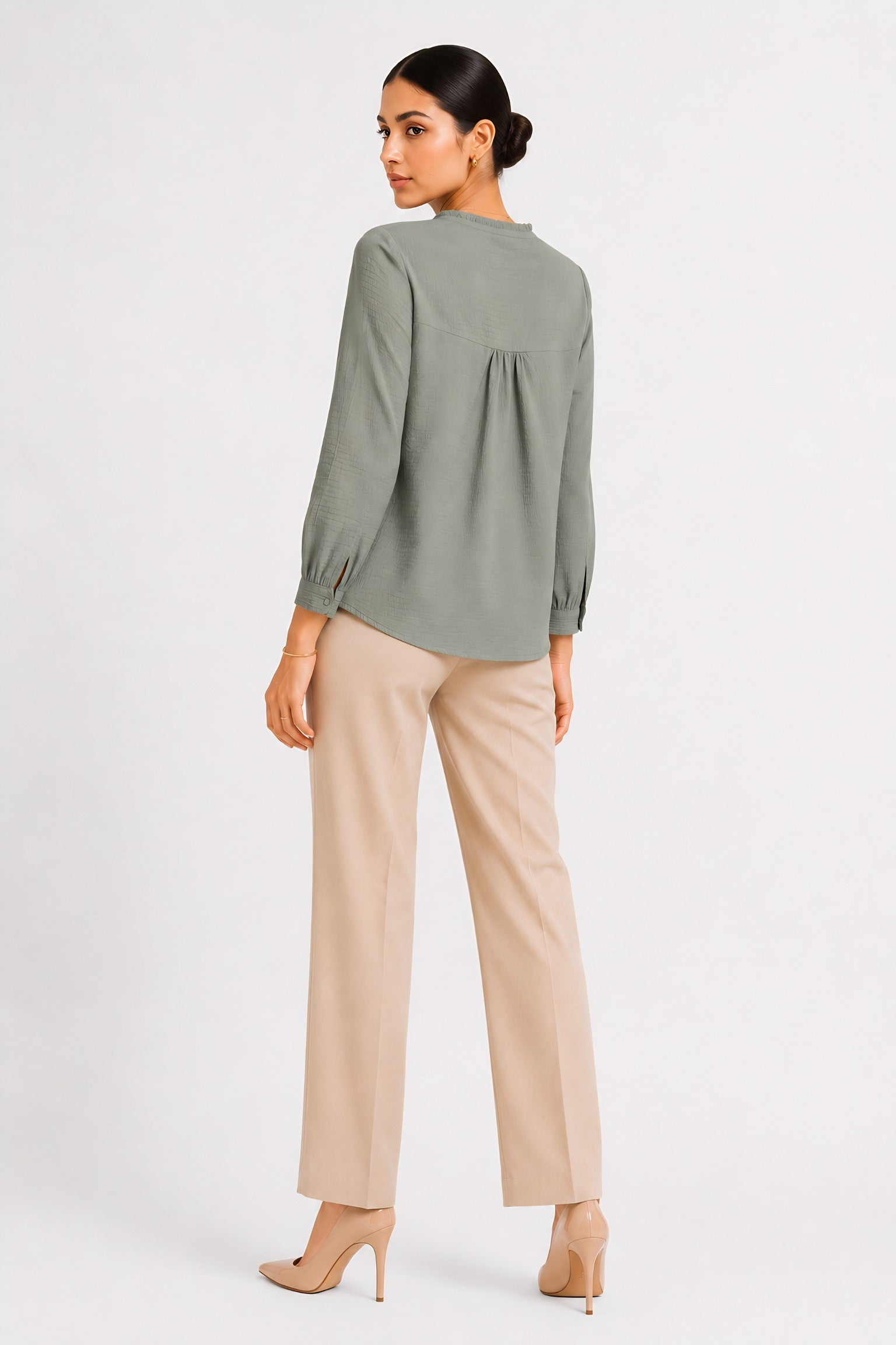 styling detail of Green Frill Trimmed Shirt for everyday wear, women's tunic