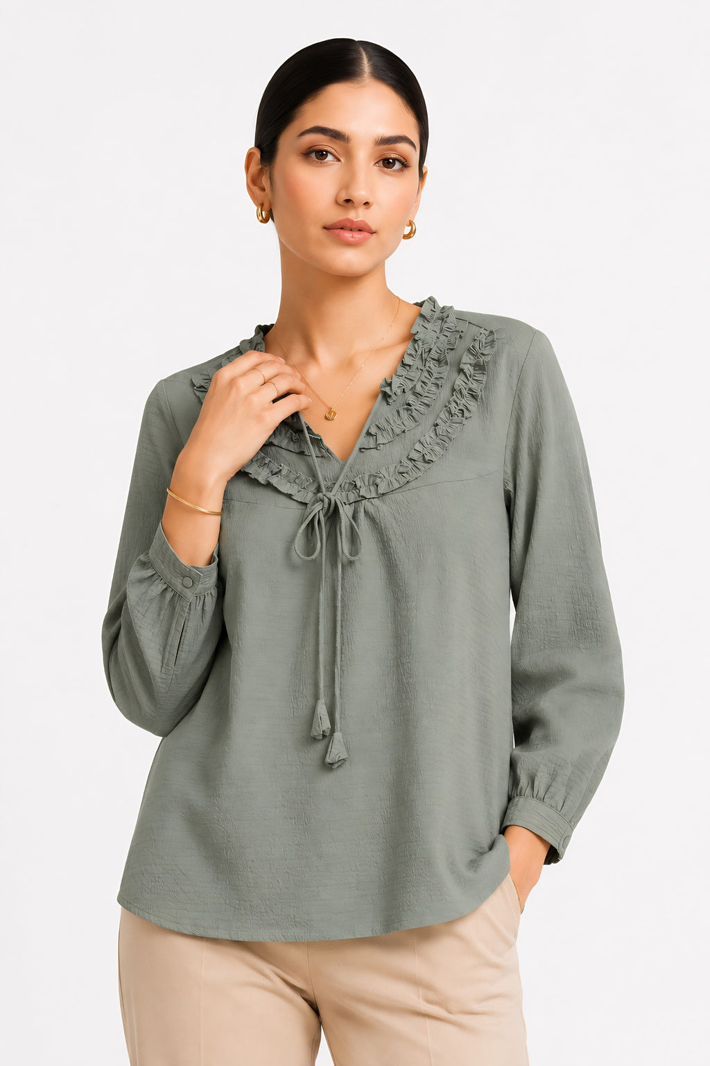 back view of Green Frill Trimmed Shirt in bubble-crepe with round neck, women's tunic