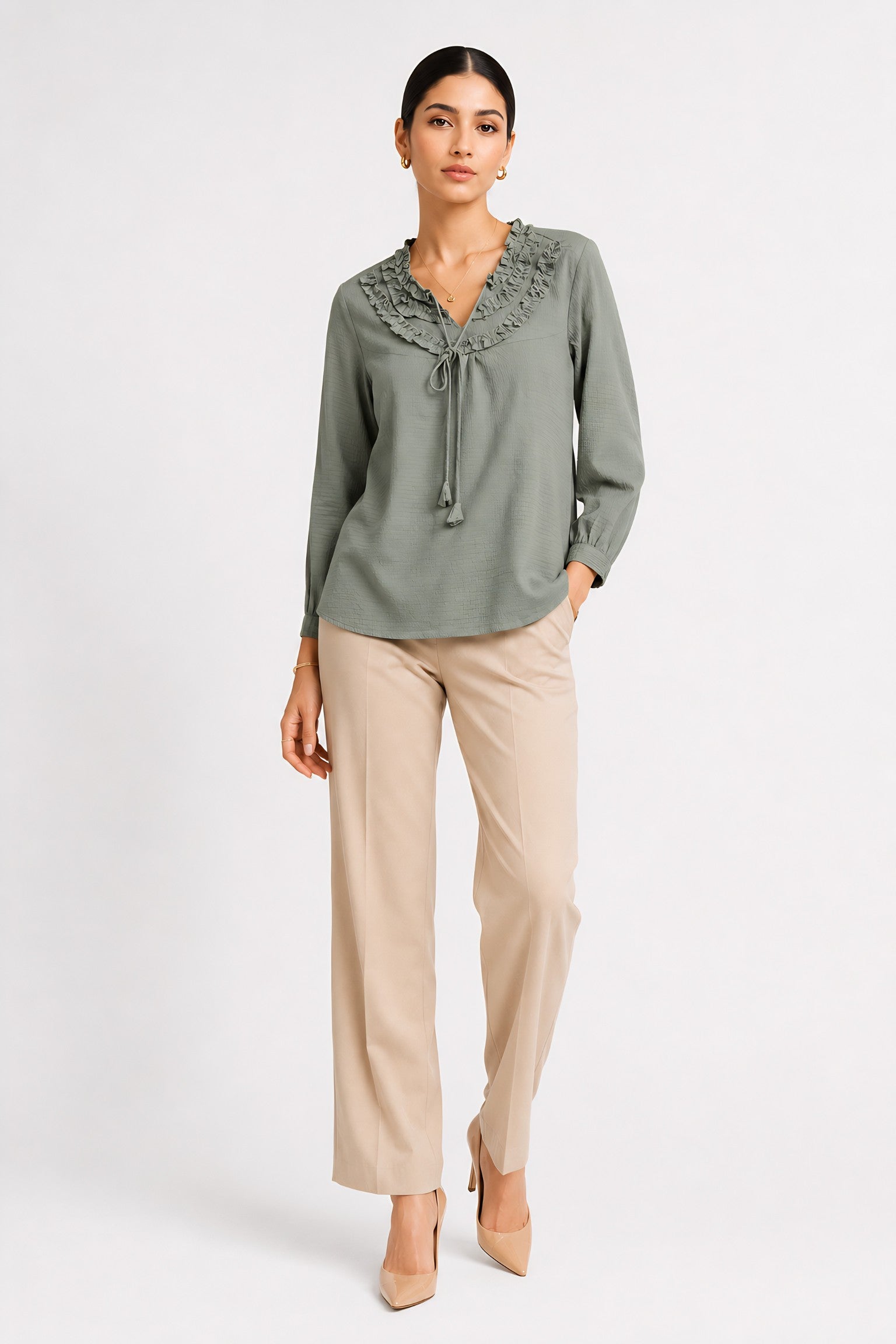 Green Frill Trimmed Shirt with full sleeve featuring sleeve cuffs, women's tunic