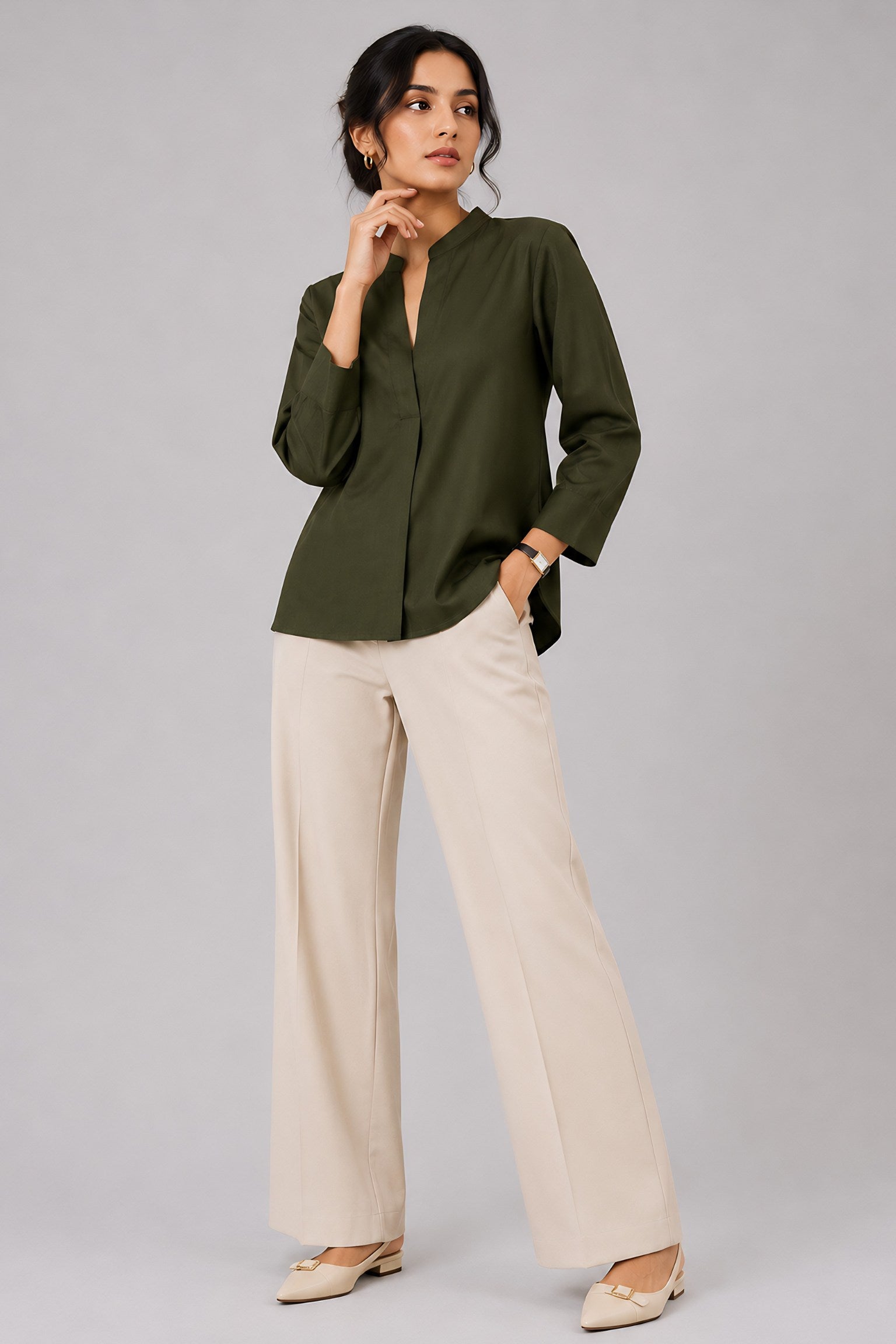 Green Mandarin Collared Shirt