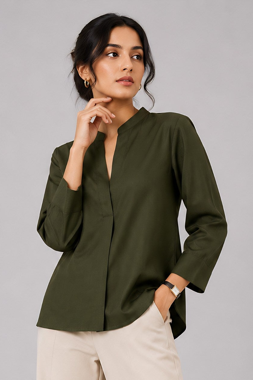 Green Mandarin Collared Shirt