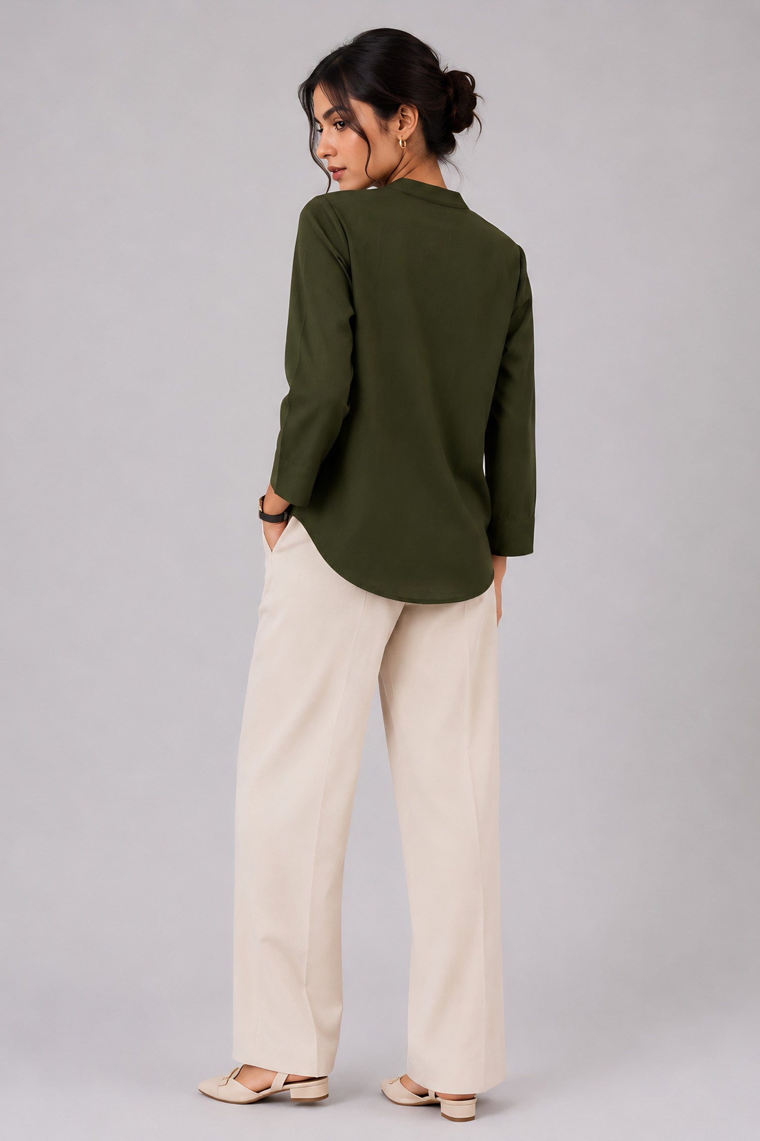 Green Mandarin Collared Shirt