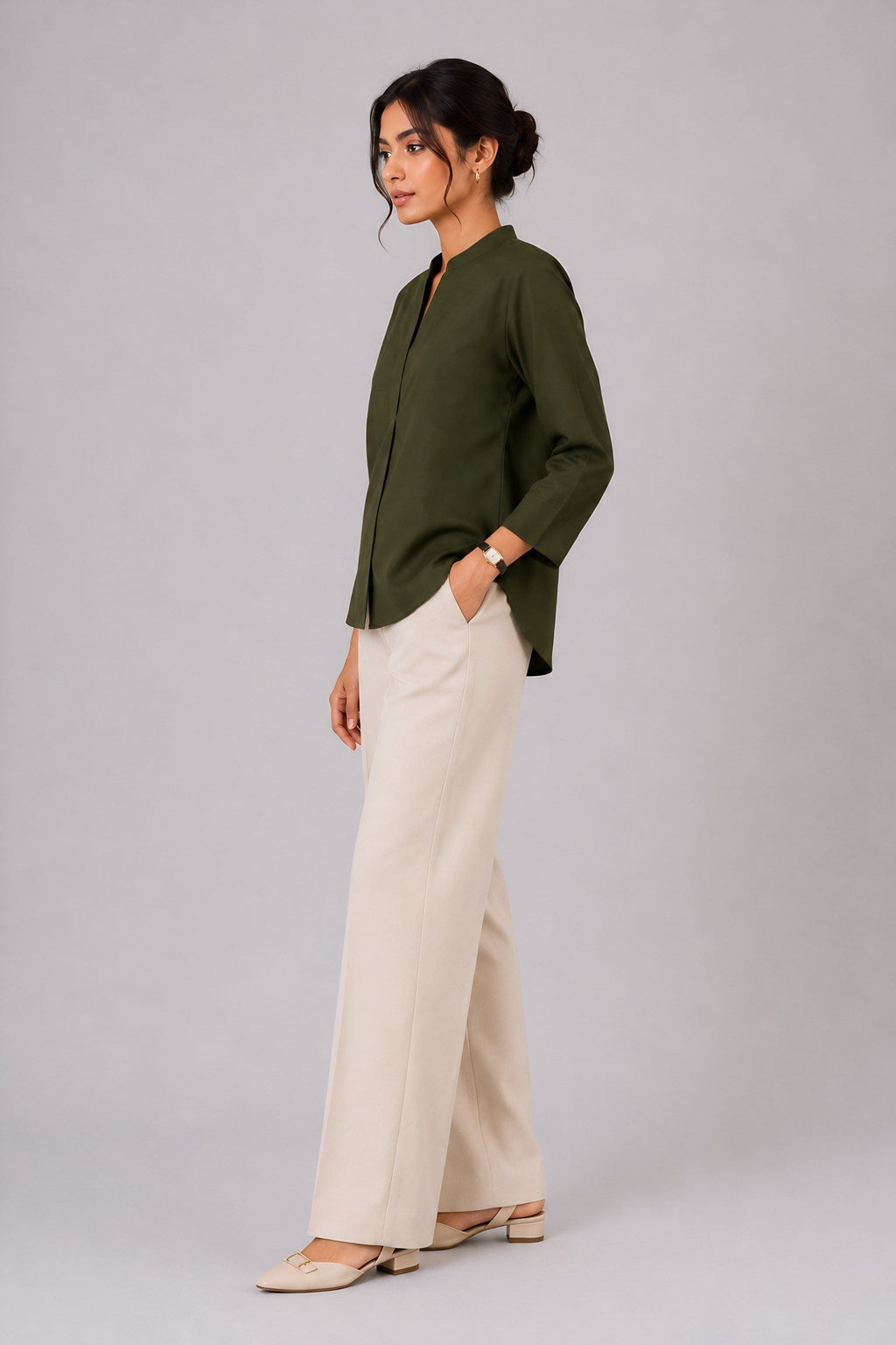 Green Mandarin Collared Shirt