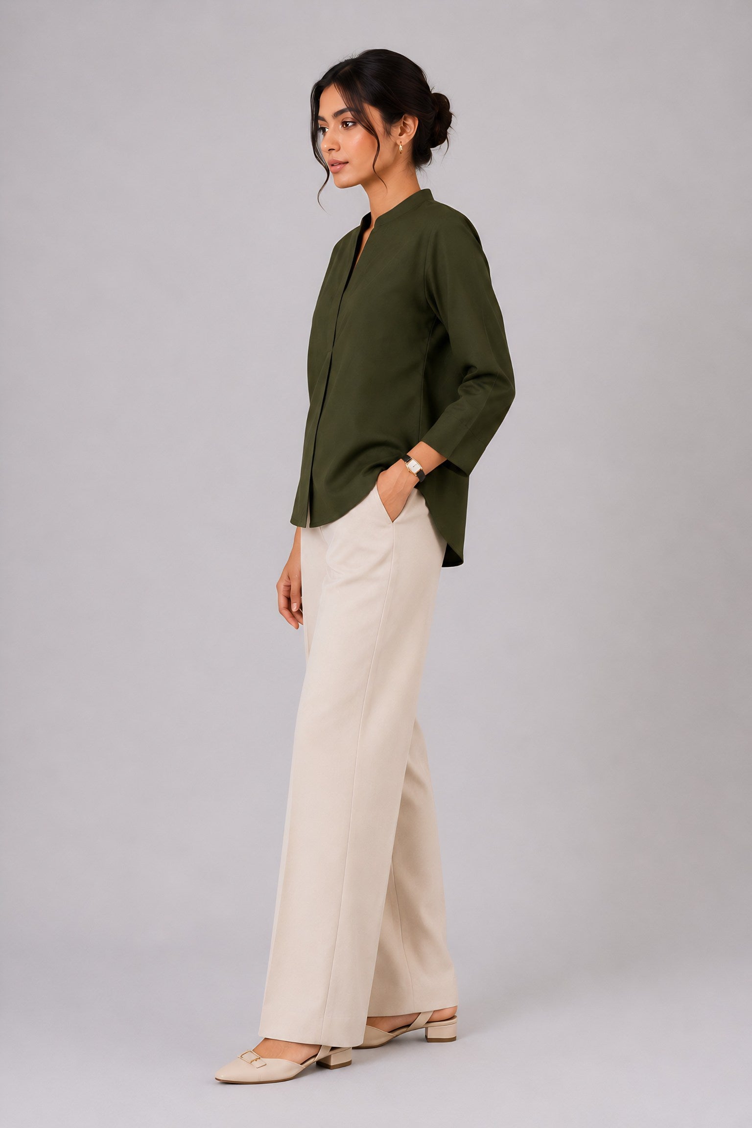 Green Mandarin Collared Shirt