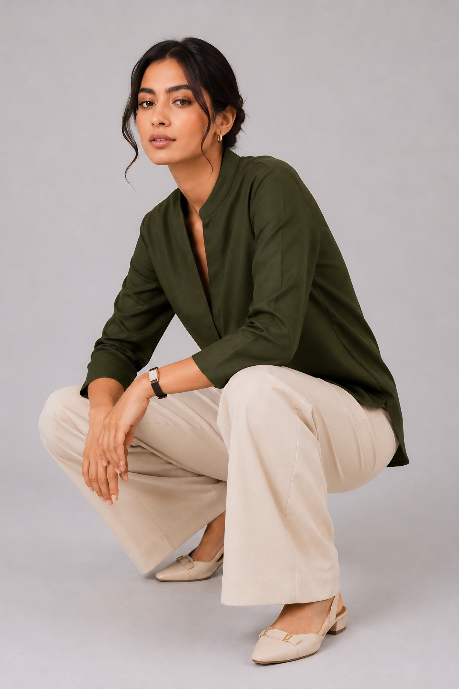 Green Mandarin Collared Shirt