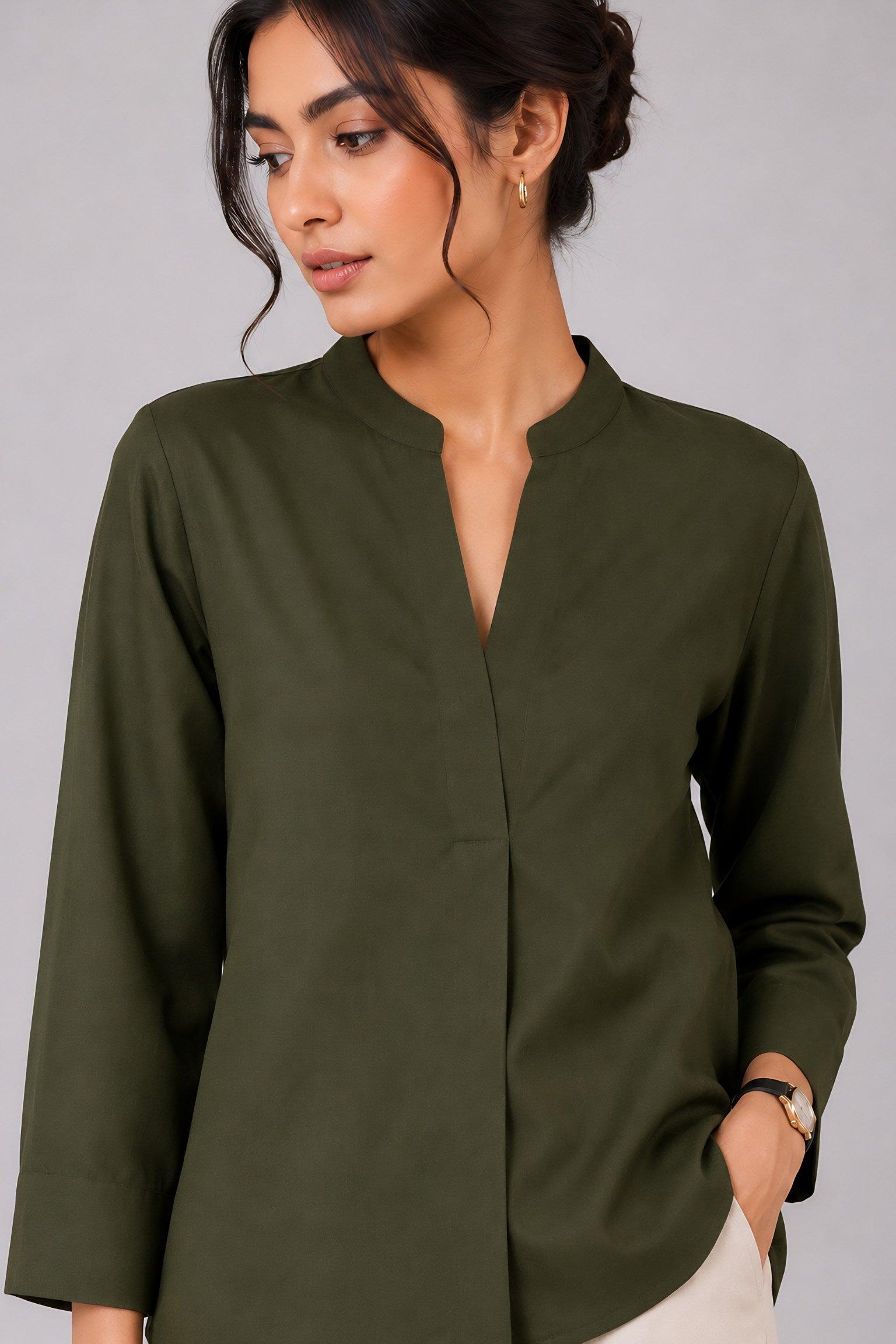 Green Mandarin Collared Shirt