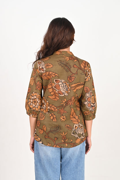 Green Kalamkari Pleated Shirt