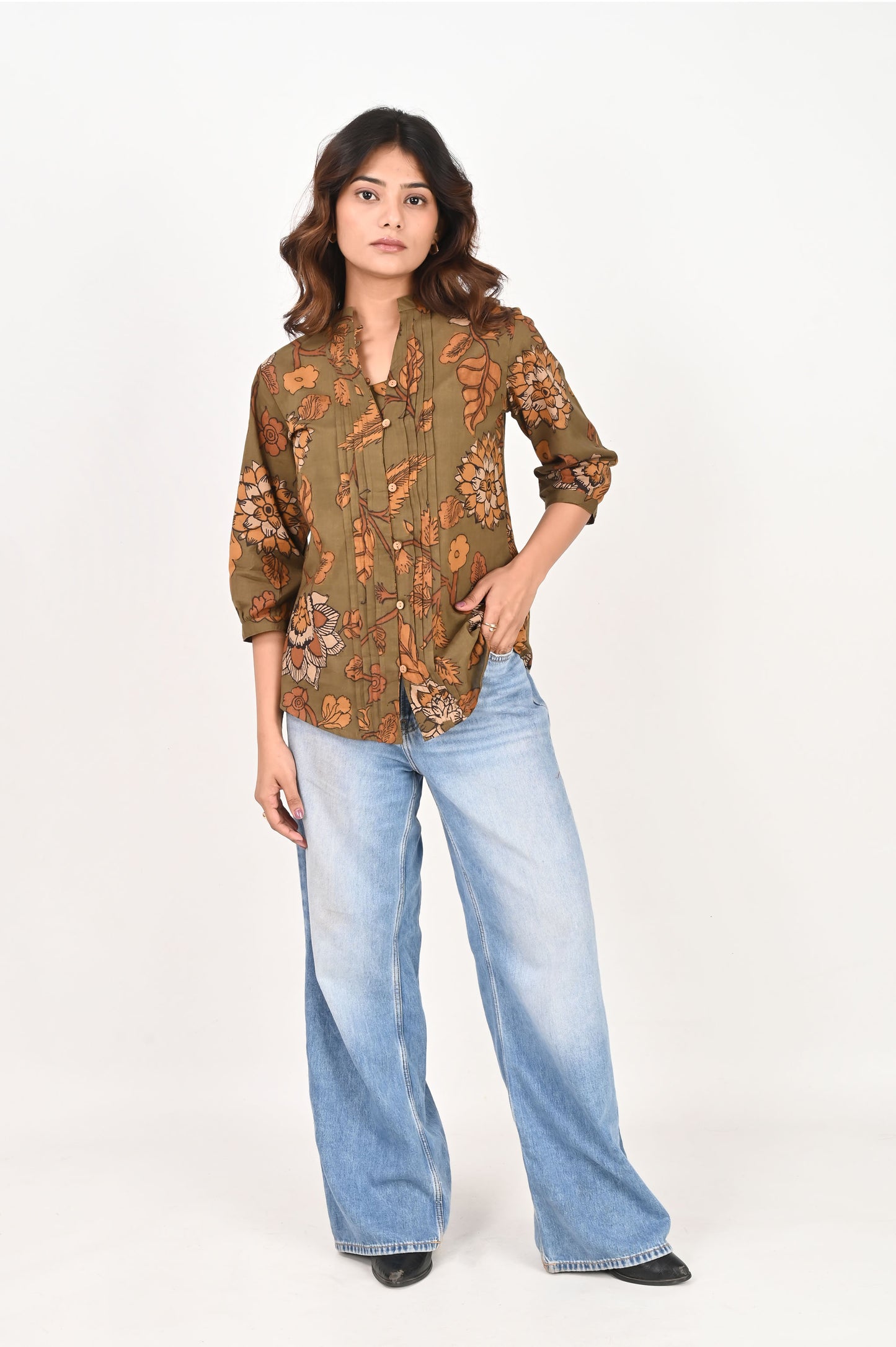 Green Kalamkari Pleated Shirt