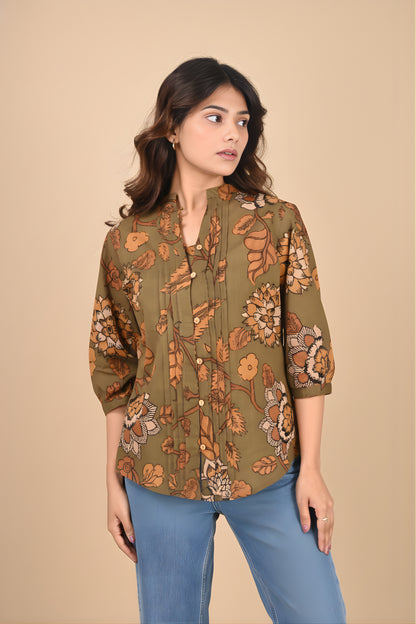 Green Kalamkari Pleated Shirt