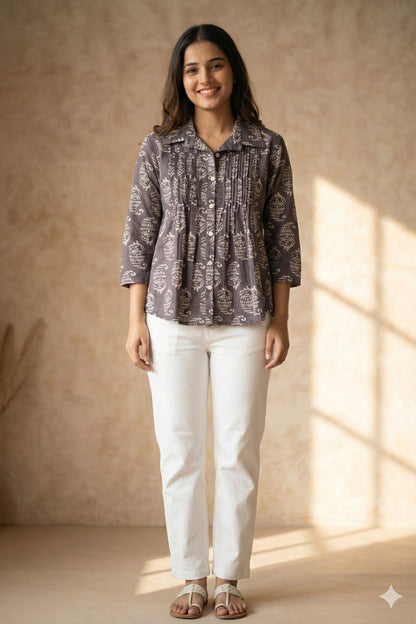 Grey Printed Cotton Top