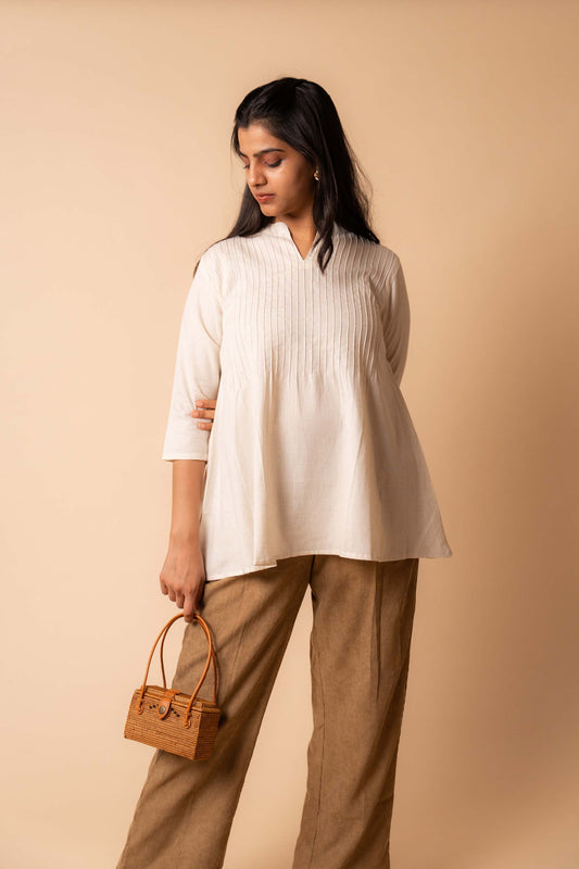Half White Pintuck Mandarin Collar Top