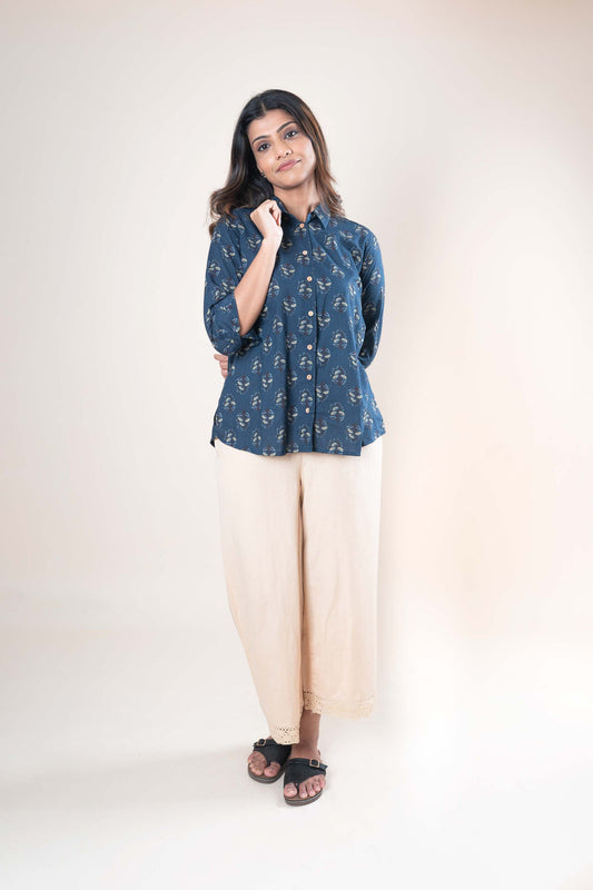 Navy Blue Hand Print Cotton Shirt