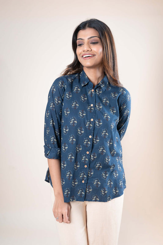 Navy Blue Hand Print Cotton Shirt