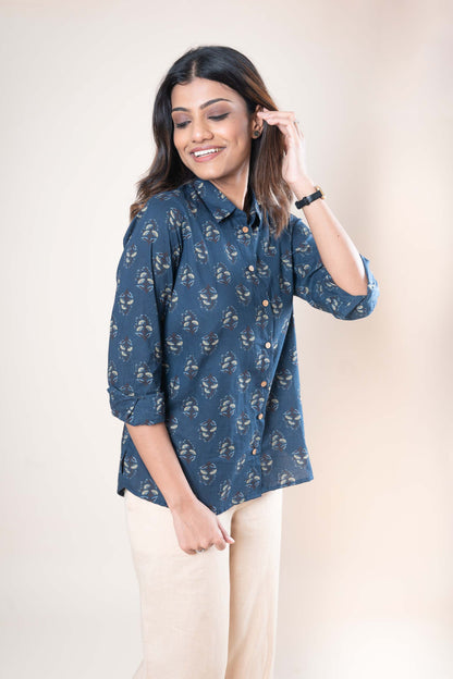 Navy Blue Hand Print Cotton Shirt