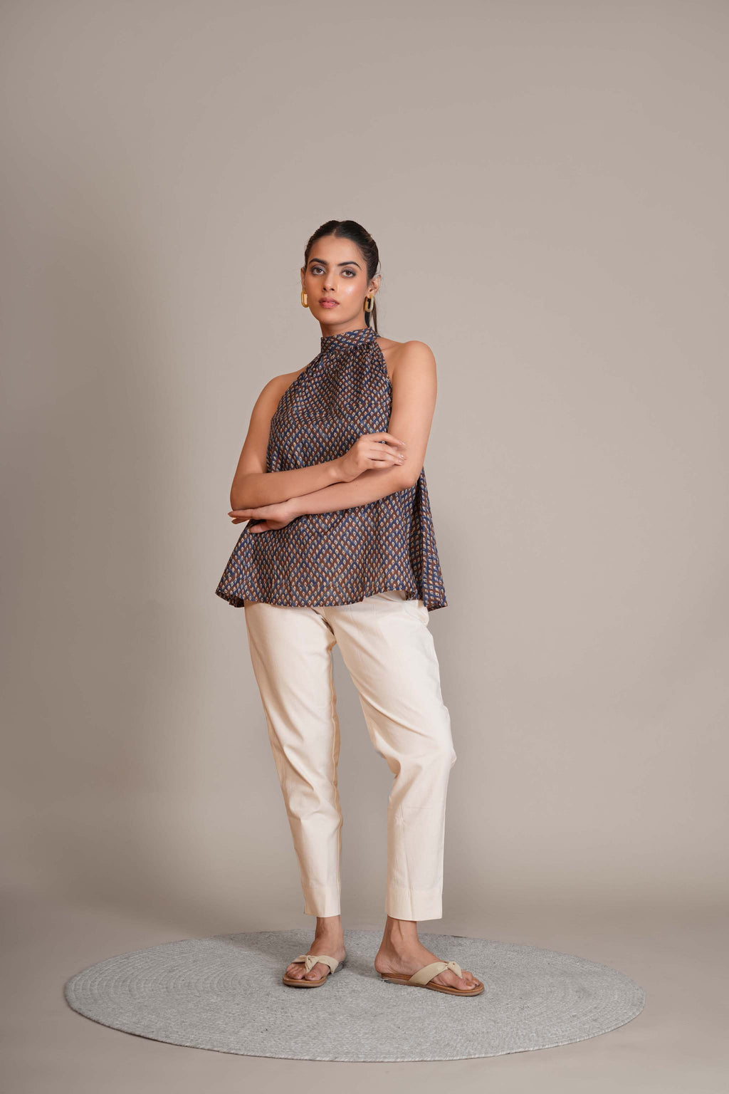 full-length view of Indigo Ajrakh Halter Top with sleeveless in a a-line, women's tunic