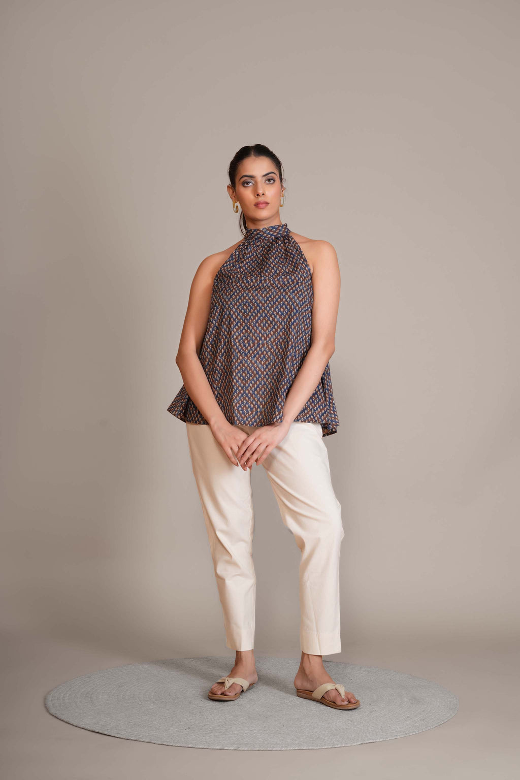 back view of Indigo Ajrakh Halter Top in cotton with Ajrakh print, women's tunic