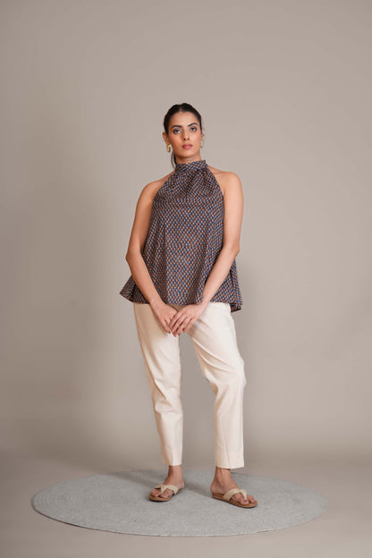 Indigo Blue Ajrakh Printed Cotton Halter Top