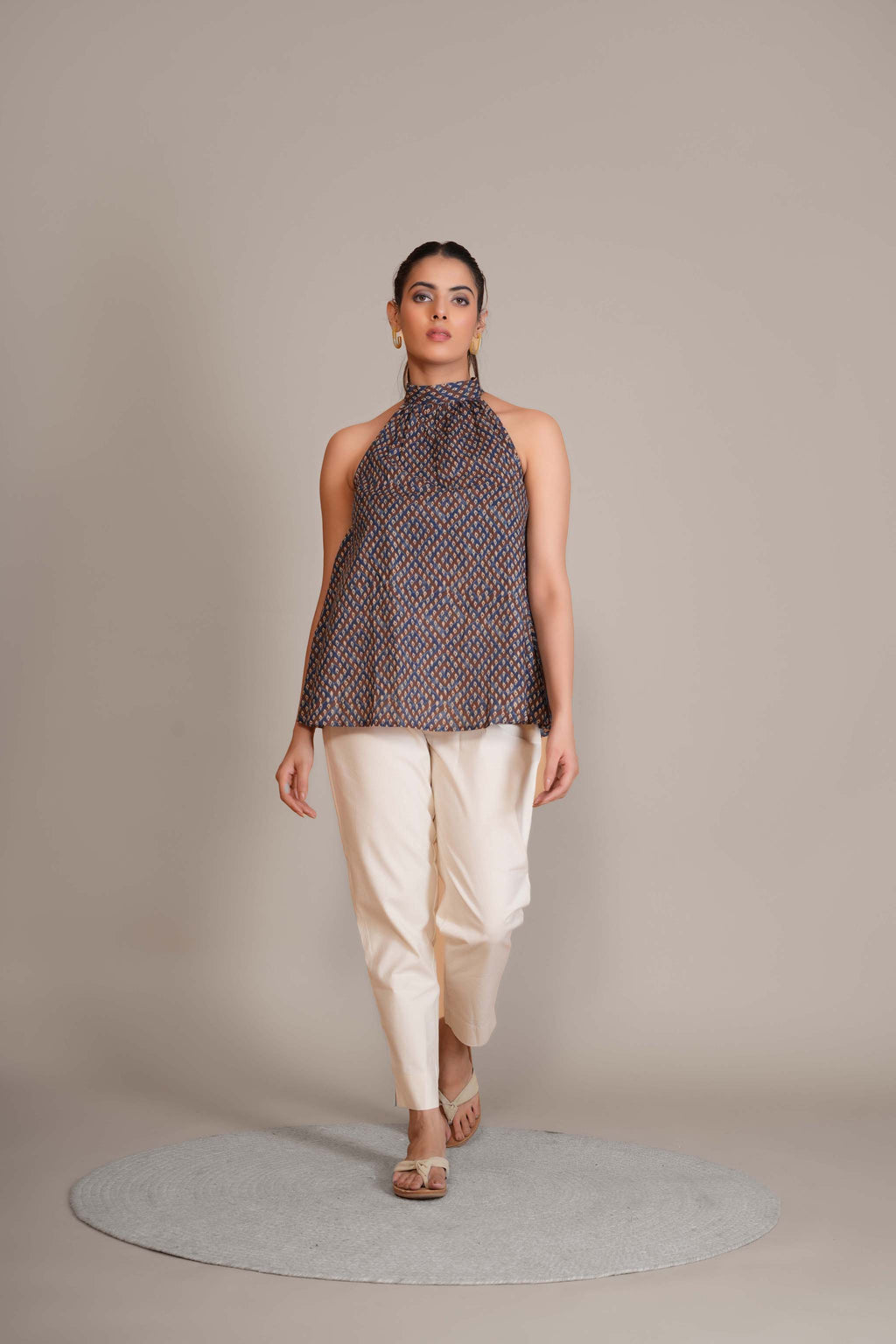 sleeve detail of Indigo Ajrakh Halter Top in cotton with Ajrakh print, women's tunic