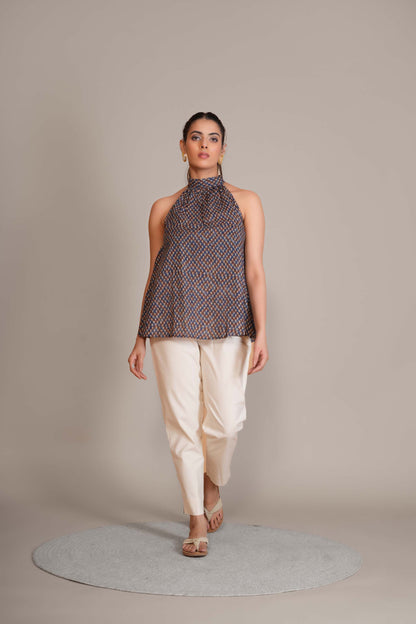 Indigo Blue Ajrakh Printed Cotton Halter Top