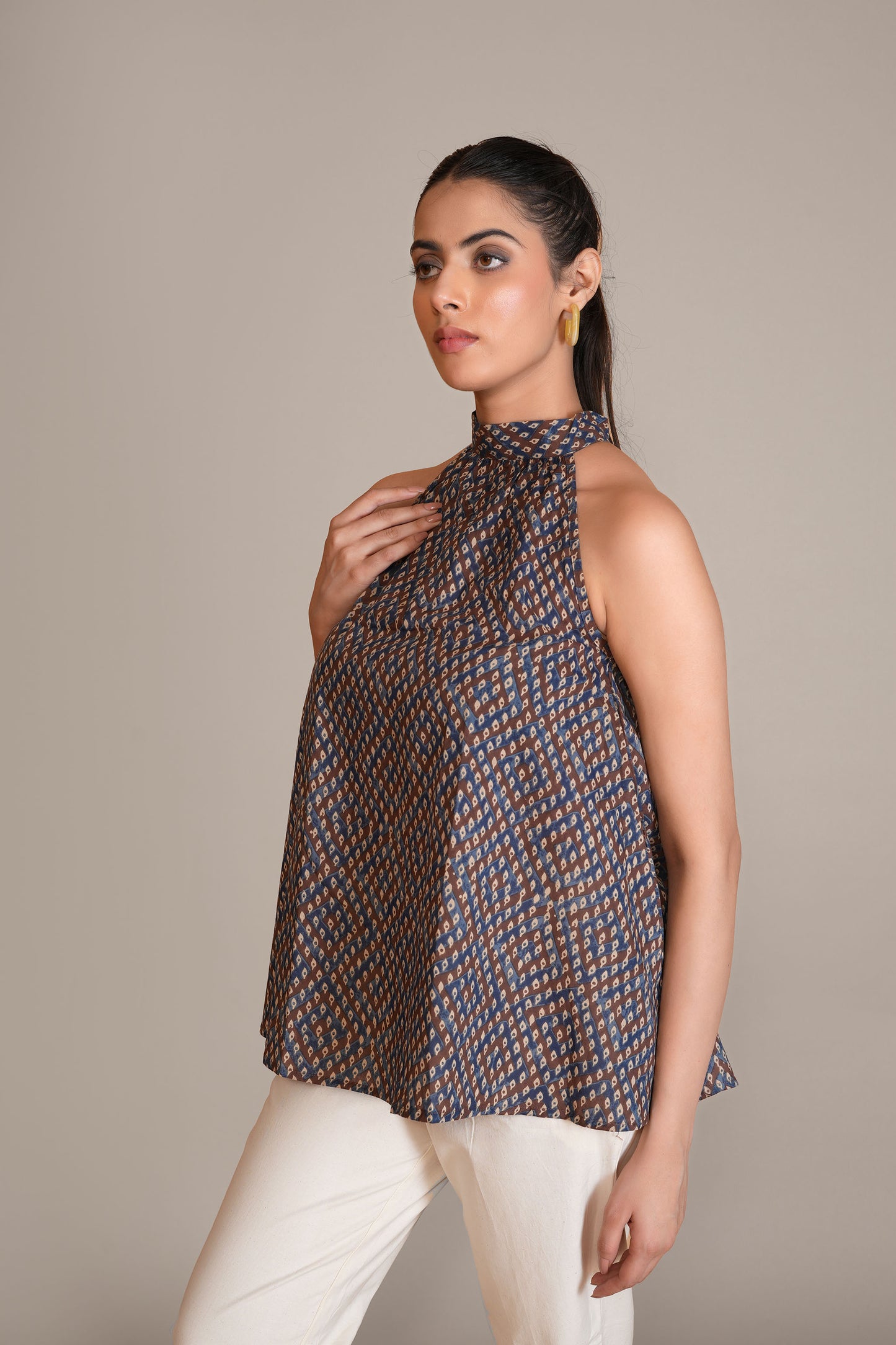 Indigo Blue Ajrakh Printed Cotton Halter Top