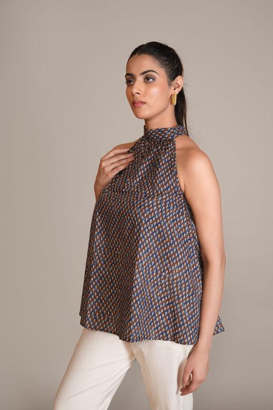 Indigo Blue Ajrakh Printed Cotton Halter Top