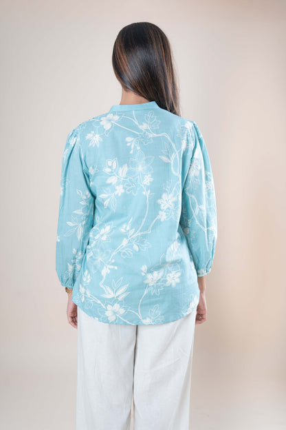 Light Blue Floral Printed Cotton Tunic Top for Women