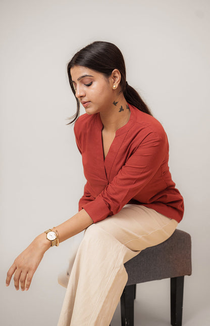 Maroon Cambric Cotton Mandarin Collar Tunic