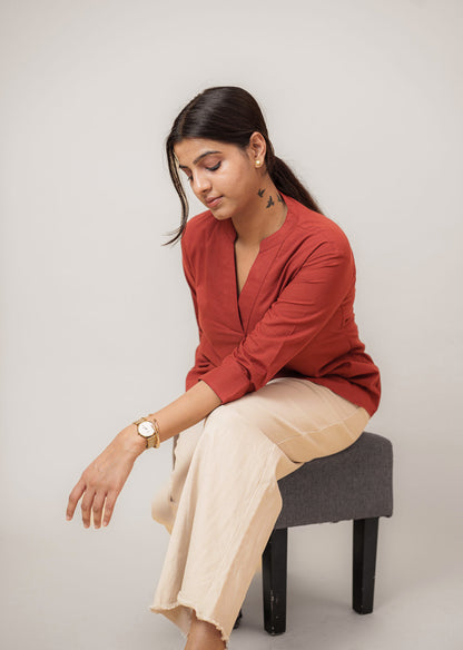 Maroon Cambric Cotton Mandarin Collar Tunic