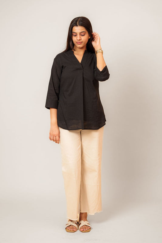 Black Cambric Cotton Mandarin Collar Tunic