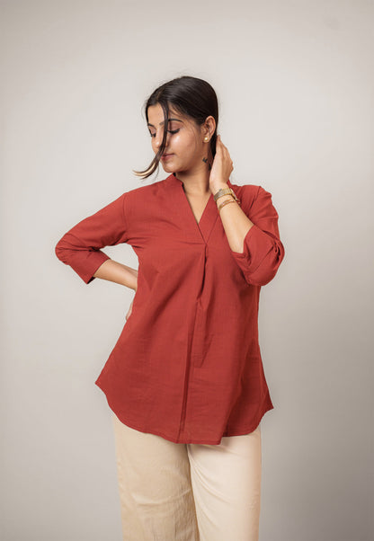 Maroon Cambric Cotton Mandarin Collar Tunic