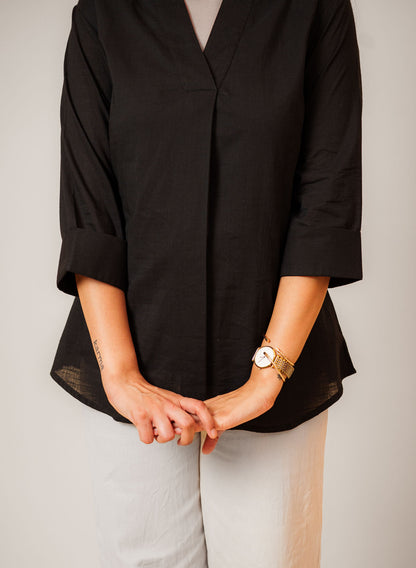 Black Cambric Cotton Mandarin Collar Tunic