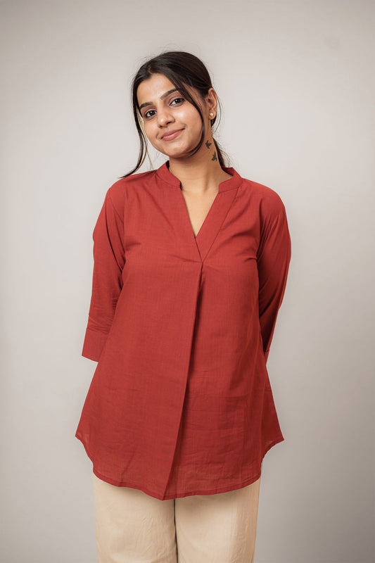 Maroon Cambric Cotton Mandarin Collar Tunic