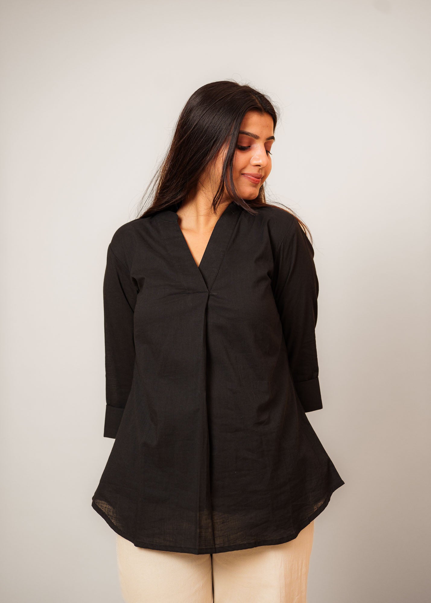 Black Cambric Cotton Mandarin Collar Tunic
