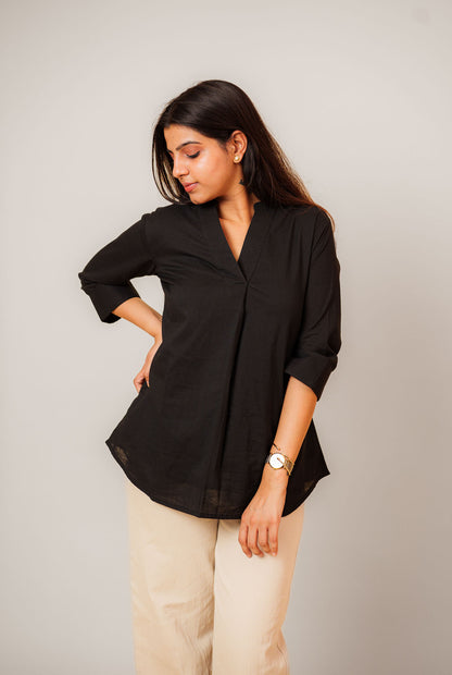 Black Cambric Cotton Mandarin Collar Tunic