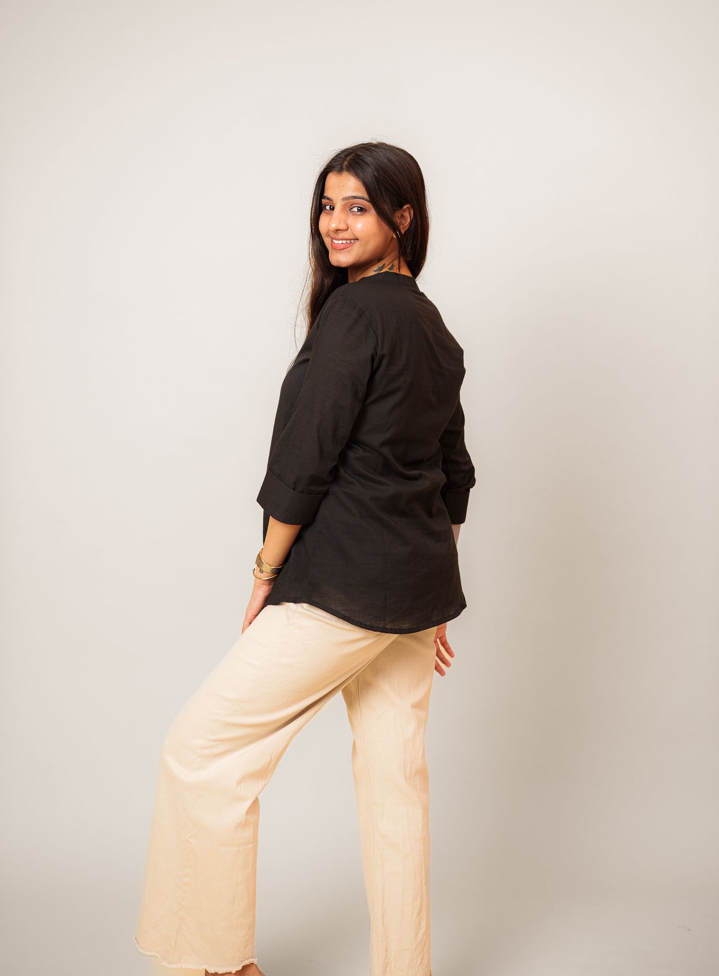 Black Cambric Cotton Mandarin Collar Tunic